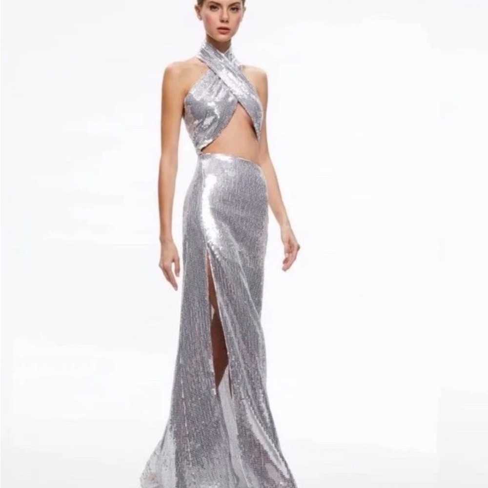 Alice + Olivia May Sequin Halter Maxi Gown Silver NWT Size 2 - Picture 3 of 3